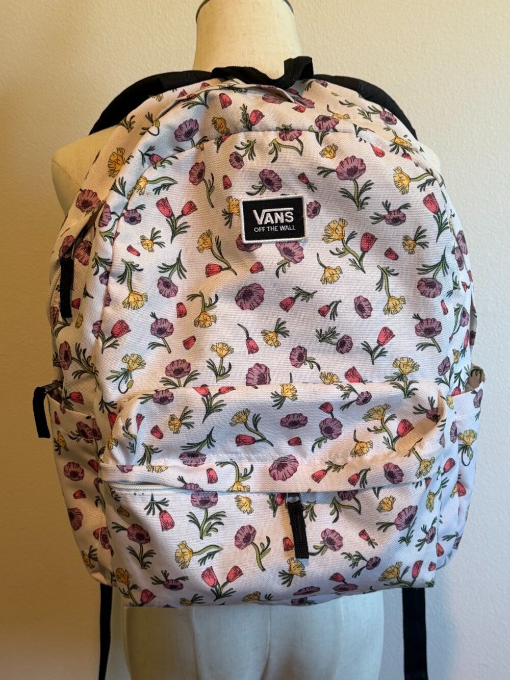 Vans White & Black All Over Floral Print Backpack 12x16
